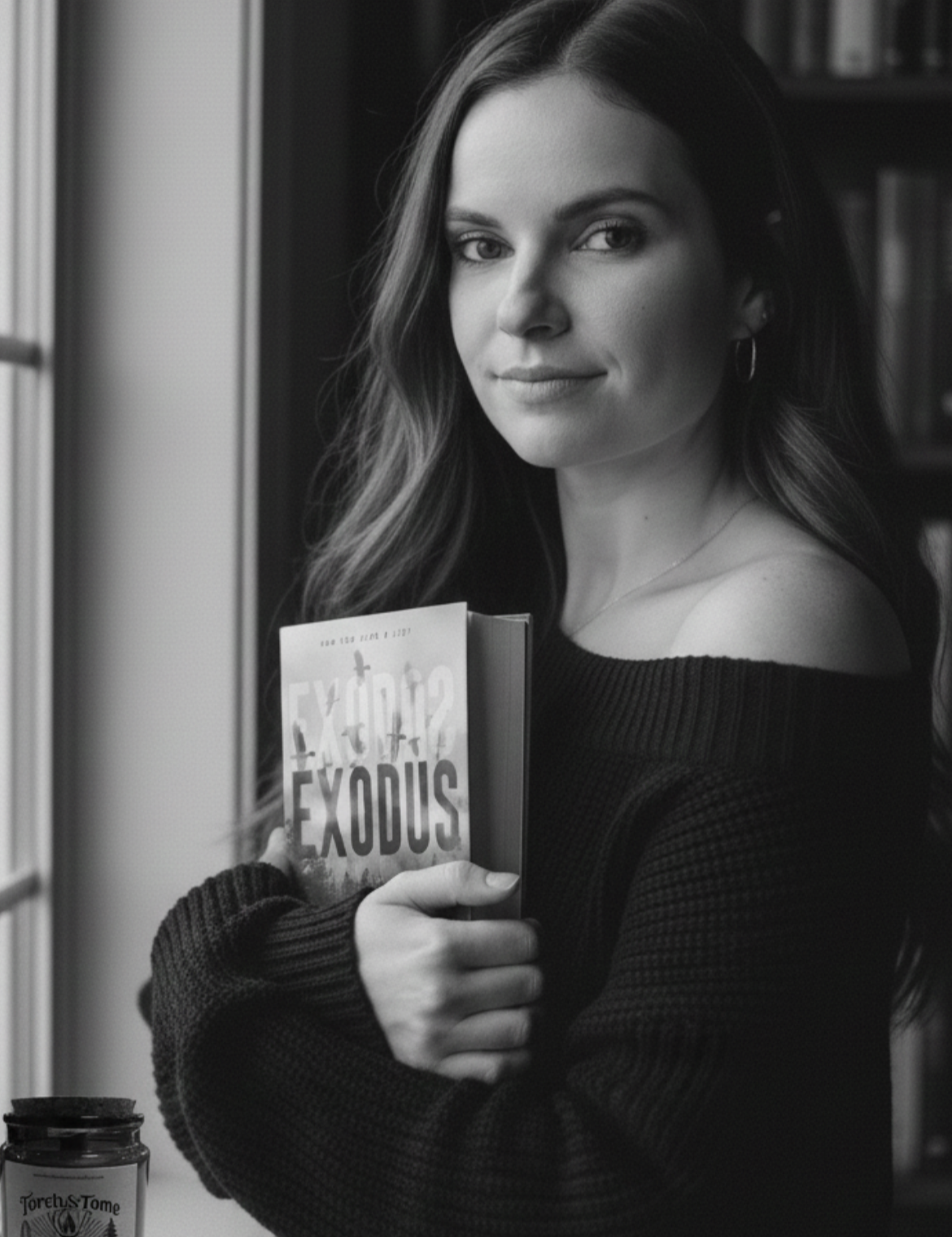 A black and white portrait of a woman holding a book by a window standing in front of a bookshelf and holding a book close to her chest. A candle sits on the windowsill.