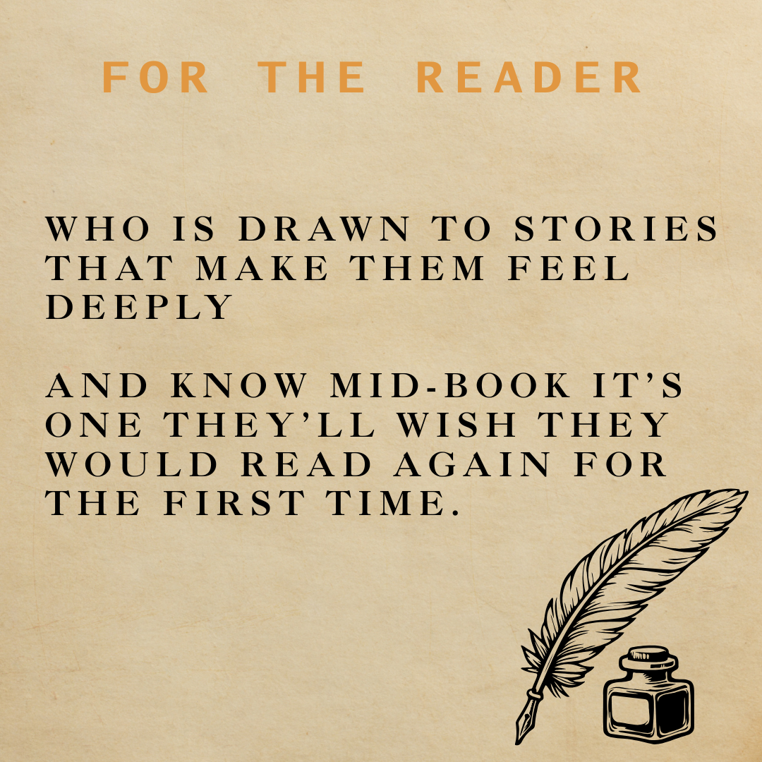 Text on a beige background with a feather and inkwell illustration, promoting books that evoke deep emotions.