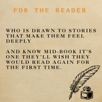 Text on a beige background with a feather and inkwell illustration, promoting books that evoke deep emotions.