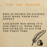 Text on a beige background with a feather and inkwell illustration, promoting books that evoke deep emotions.