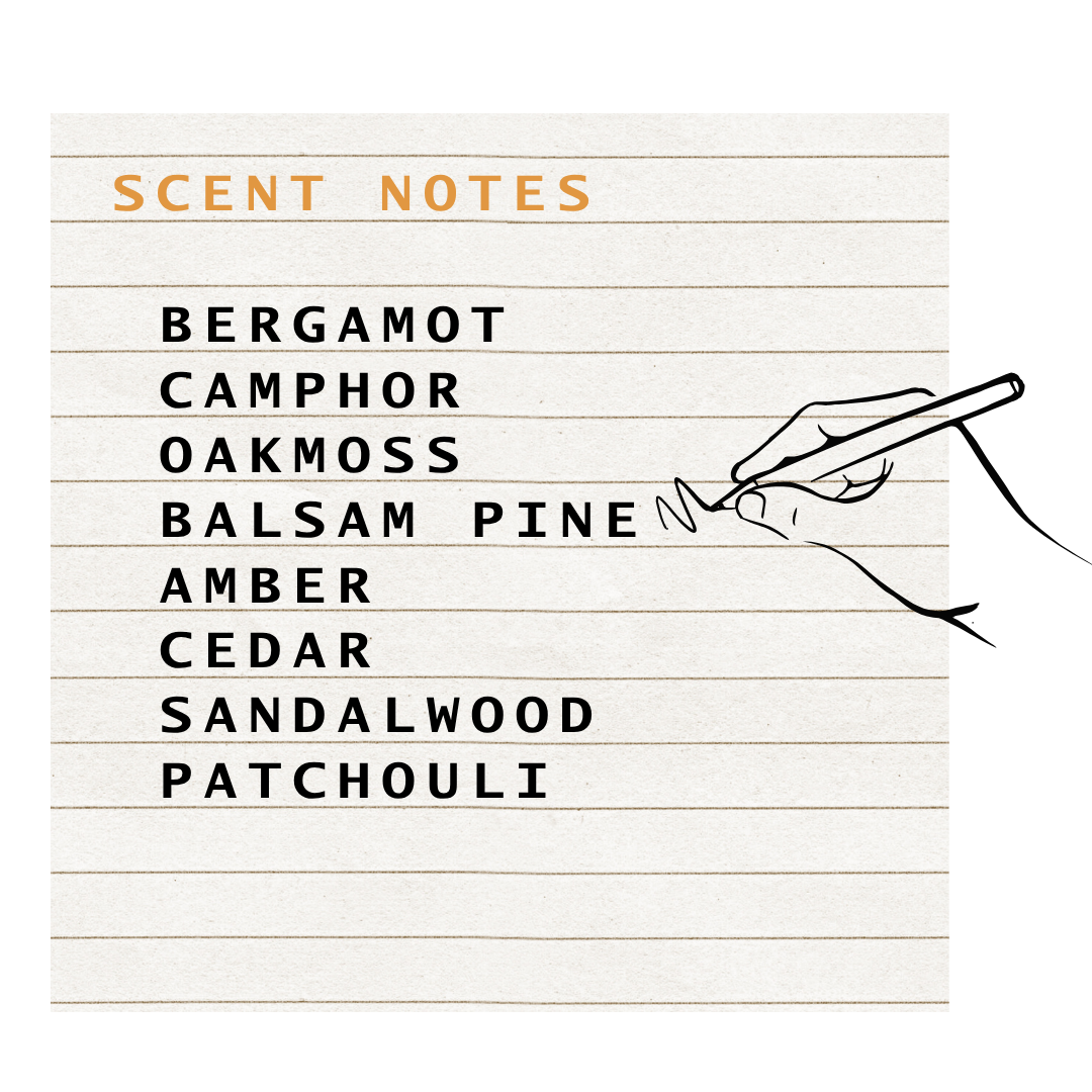 List of scents on a white background with a hand holding a pen.