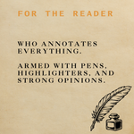 Motivational quote for readers with a feather and ink bottle illustration on a beige background.