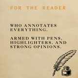 Motivational quote for readers with a feather and ink bottle illustration on a beige background.
