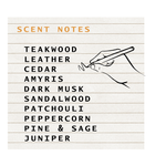 A square graphic with a lined-paper background reading 'SCENT NOTES' in orange, followed by a list of fragrance notes in black: TEAKWOOD, LEATHER, CEDAR, AMYRIS, DARK MUSK, SANDALWOOD, PATCHOULI, PEPPERCORN, PINE & SAGE, JUNIPER. A simple line drawing of a hand writing is on the right.