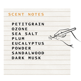 List of scent notes on a letterboard with a hand holding a pen. Scent Notes listed: Petitgrain, Ozone, Sea Salt, Plum, Eucalyptus, Powder, Sandalwood, Dark Musk