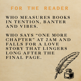 Text on a beige background with a feather and inkwell illustration, featuring a dedication about books and reading.