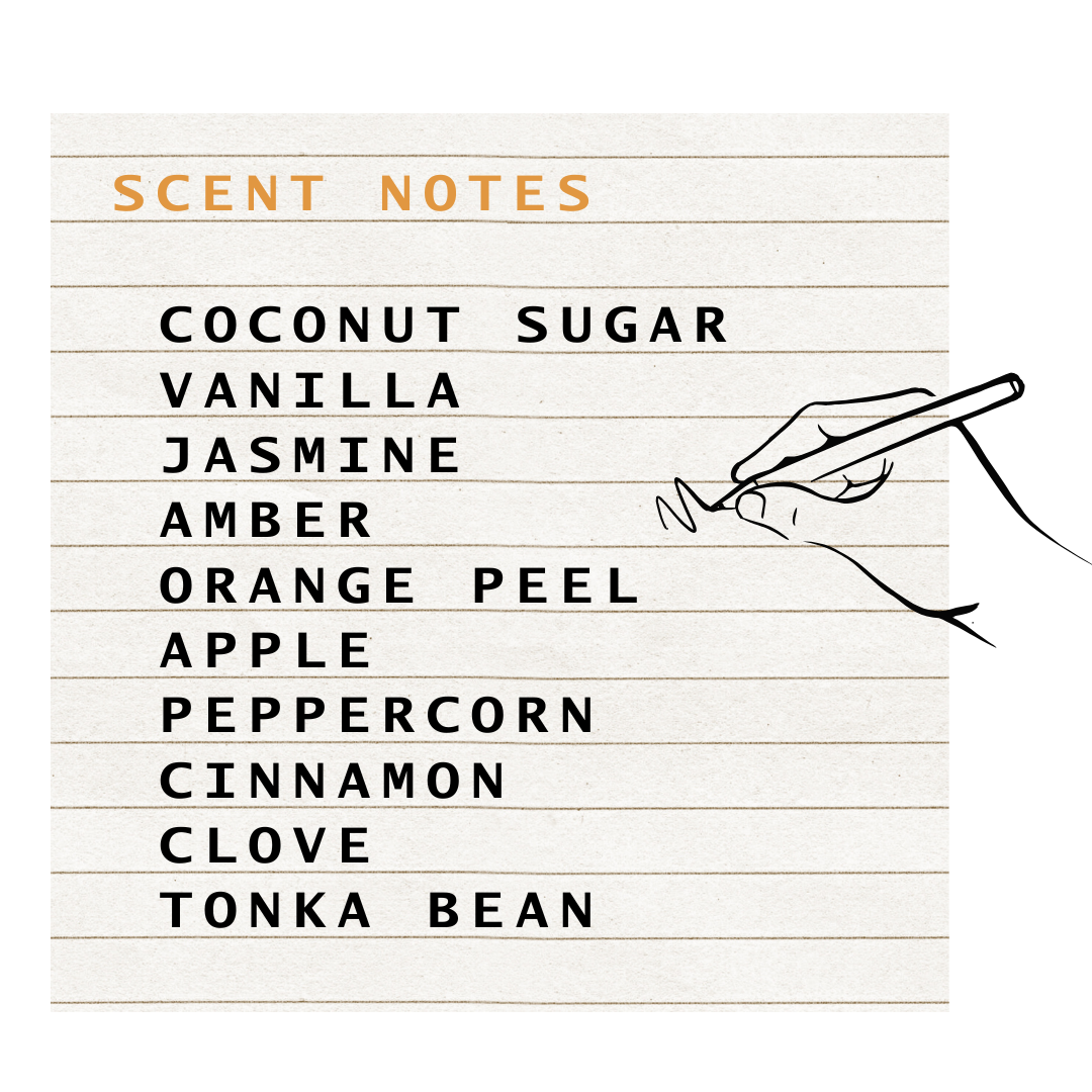 List of scented notes on a white background with a hand drawing a line. Scent notes listed are: Coconut sugar, vanilla, jasmine, amber, orange peel. apple, peppercorn, cinnamon, clove, tonka bean.