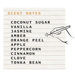 List of scented notes on a white background with a hand drawing a line. Scent notes listed are: Coconut sugar, vanilla, jasmine, amber, orange peel. apple, peppercorn, cinnamon, clove, tonka bean.