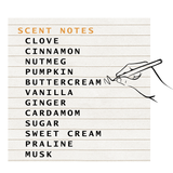 A graphic with a lined paper background reading “SCENT NOTES” in orange, followed by a list of fragrance notes in black: clove, cinnamon, nutmeg, pumpkin, buttercream, vanilla, ginger, cardamom, sugar, sweet cream, praline, and musk. A simple line drawing of a hand holding a pen appears on the right.