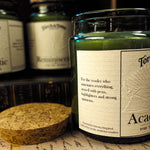 Jar of 'Academic' candle with a label, surrounded by other candles on a textured surface.