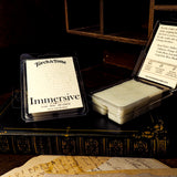 Torch & Tome Immersive wax melts packaging on an old book with a wooden surface.