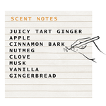 Letter board with scented notes including 'Juicy Tart Ginger' and 'Vanilla Gingerbread'.