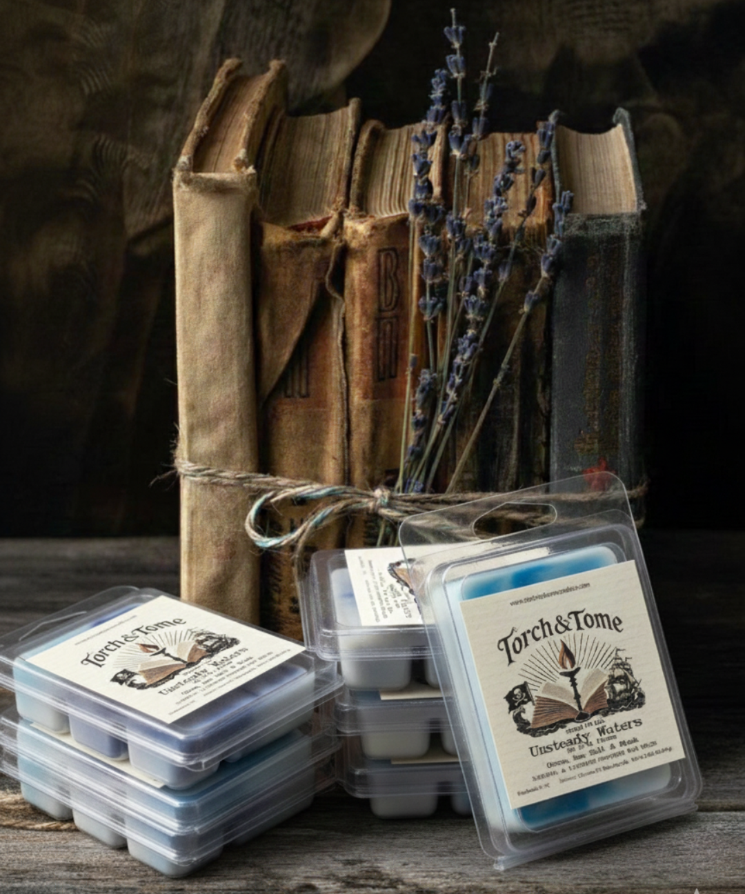 Torch & Tome wax melt clamshells stacked on a rustic wooden table, featuring blue and white wax melts, arranged next to tied vintage books and dried lavender stems.