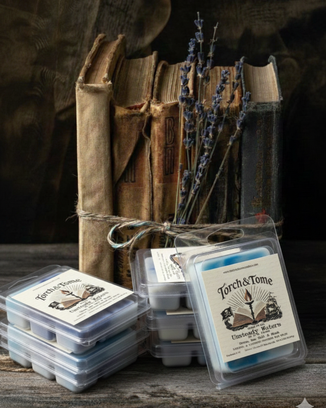 Torch & Tome wax melt clamshells stacked on a rustic wooden table, featuring blue and white wax melts, arranged next to tied vintage books and dried lavender stems.