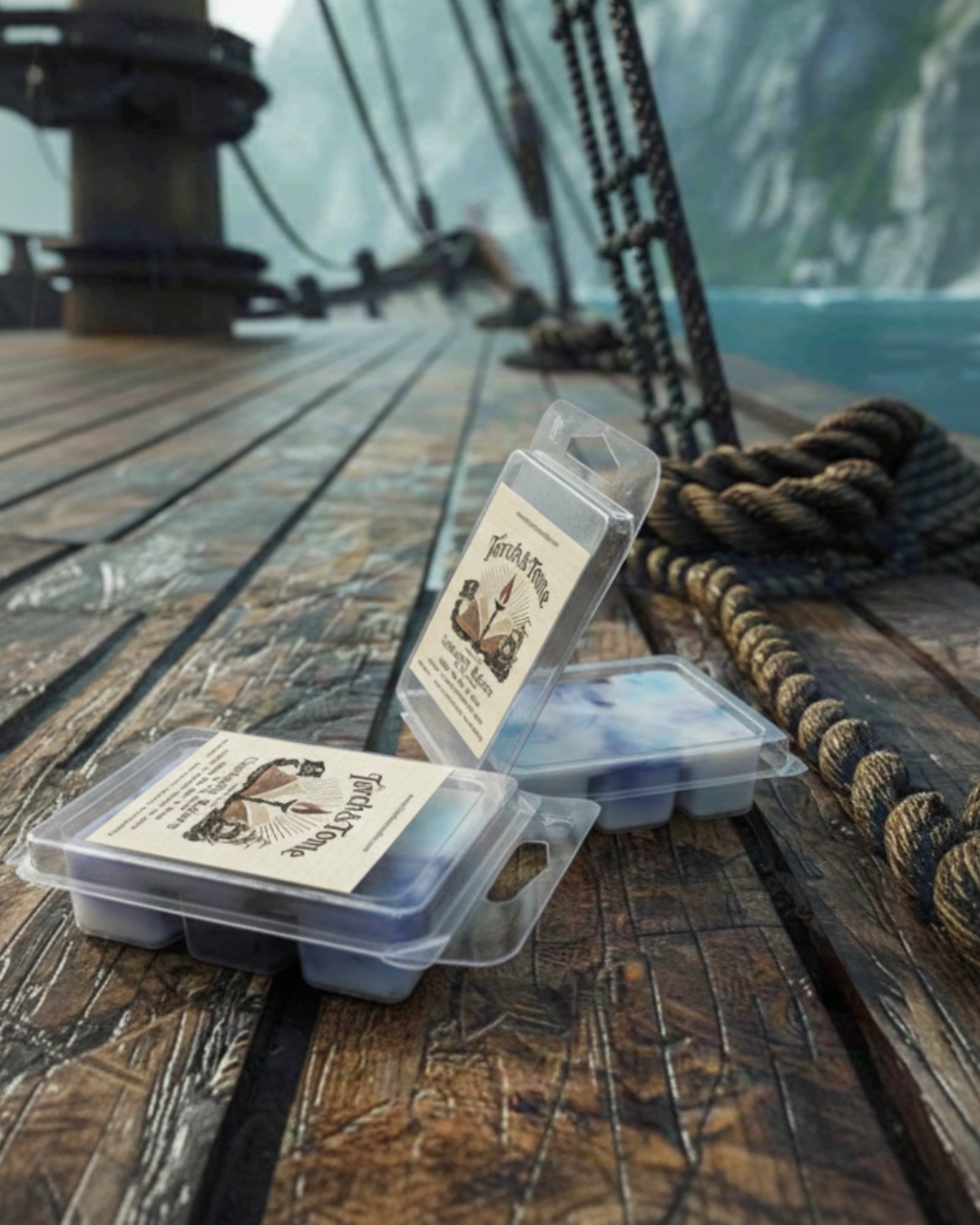 Torch & Tome wax melt clamshells featuring blue, white, and violet wax melts. Arranged on a wooden deck of a pirate ship next to bundled rope and ocean water and a scenic backdrop