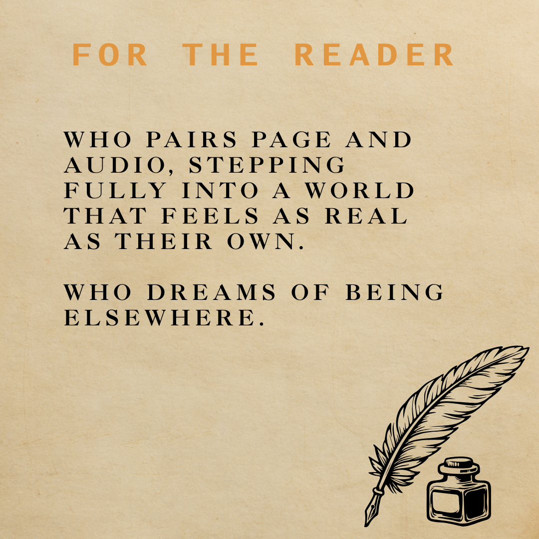 Text on a beige background with a feather and inkwell illustration, featuring a dedication for readers.