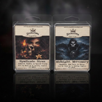 Two wax tarts (syndicate siren on the left and midnight mercenary on the right) in packaging with scent designs depicted on the label on a dark background