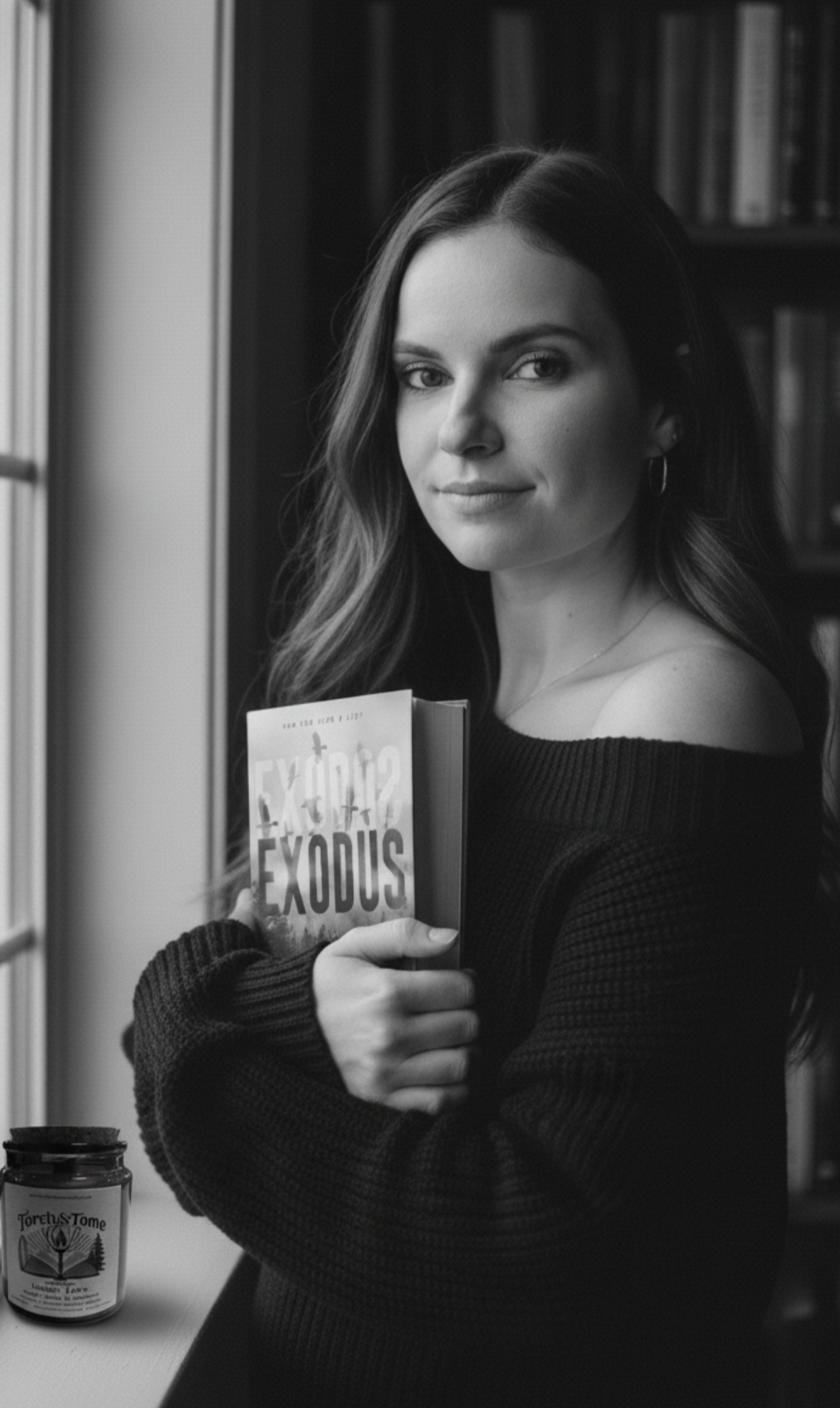 Woman holding a book titled 'Exodus' in a black and white photo in front of a bookshelf and beside a window