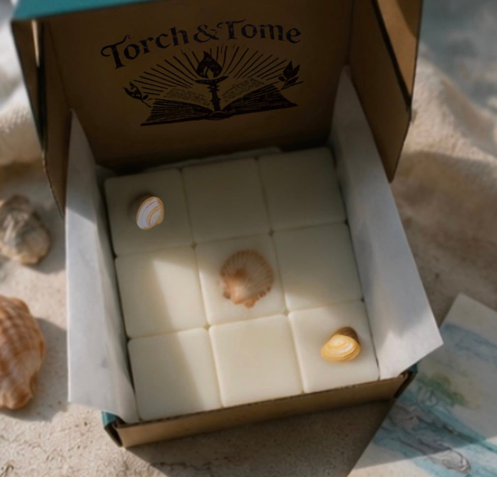 An open cardboard box labeled 'Torch & Tome' containing nine square white wax melts arranged in a grid, with three seashells placed on top. The box is photographed outdoors on a sandy surface with natural sunlight and shadows.