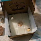 An open cardboard box labeled 'Torch & Tome' containing nine square white wax melts arranged in a grid, with three seashells placed on top. The box is photographed outdoors on a sandy surface with natural sunlight and shadows.