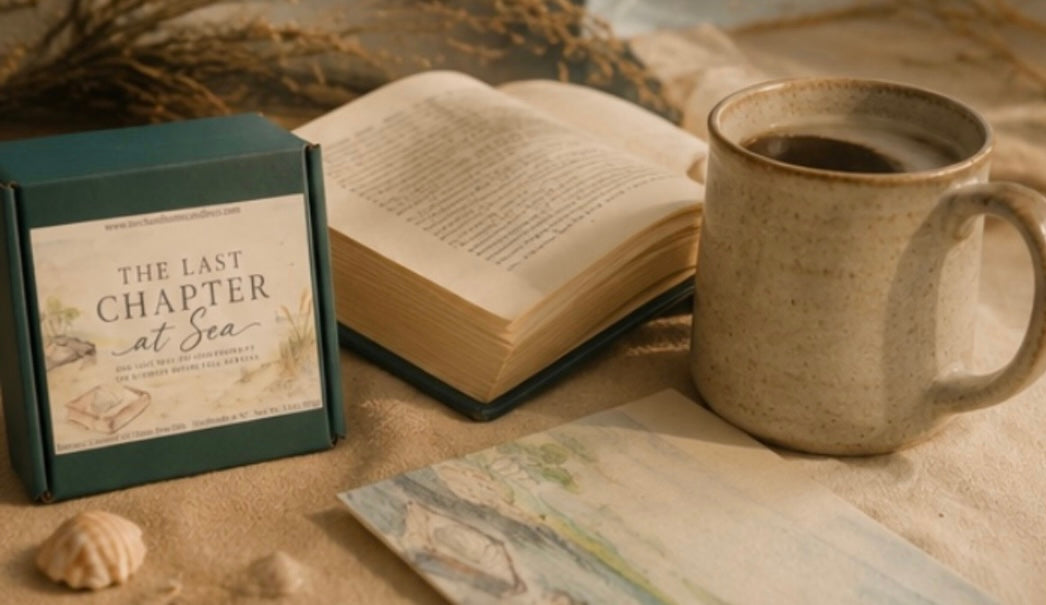 A green waxmelt gift box labeled 'The Last Chapter at Sea' sits beside an open book and a ceramic mug of coffee on a warm neutral surface, with dried grass and a shell and beach painting as styled props.
