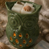 A green owl-shaped ceramic waxa melt warmer with cutout details, filled with white wax cubes and small seashell decorations, styled on a textured beige surface with dried flowers and fabric in the background.